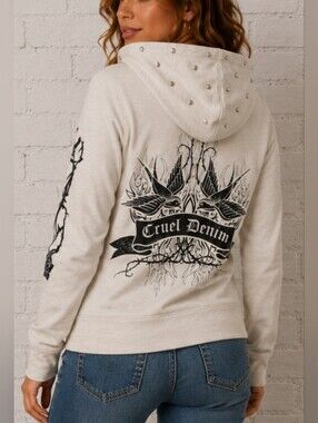Cruel Denim Womens Large Cream Western Back Graphic Studded Y2K Zip Hoodie